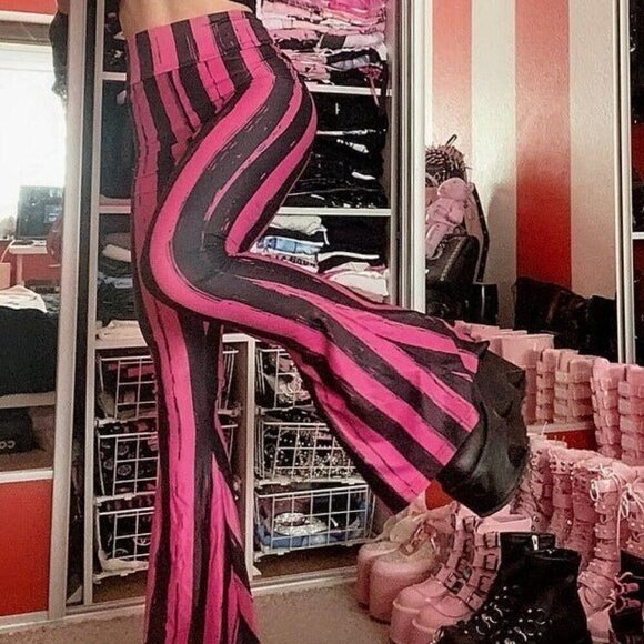 Too Fast ✦ Flare Pants XS ✦ Pink Black Striped High-Waisted 70s Punk Stretch NWT - Picture 3 of 11